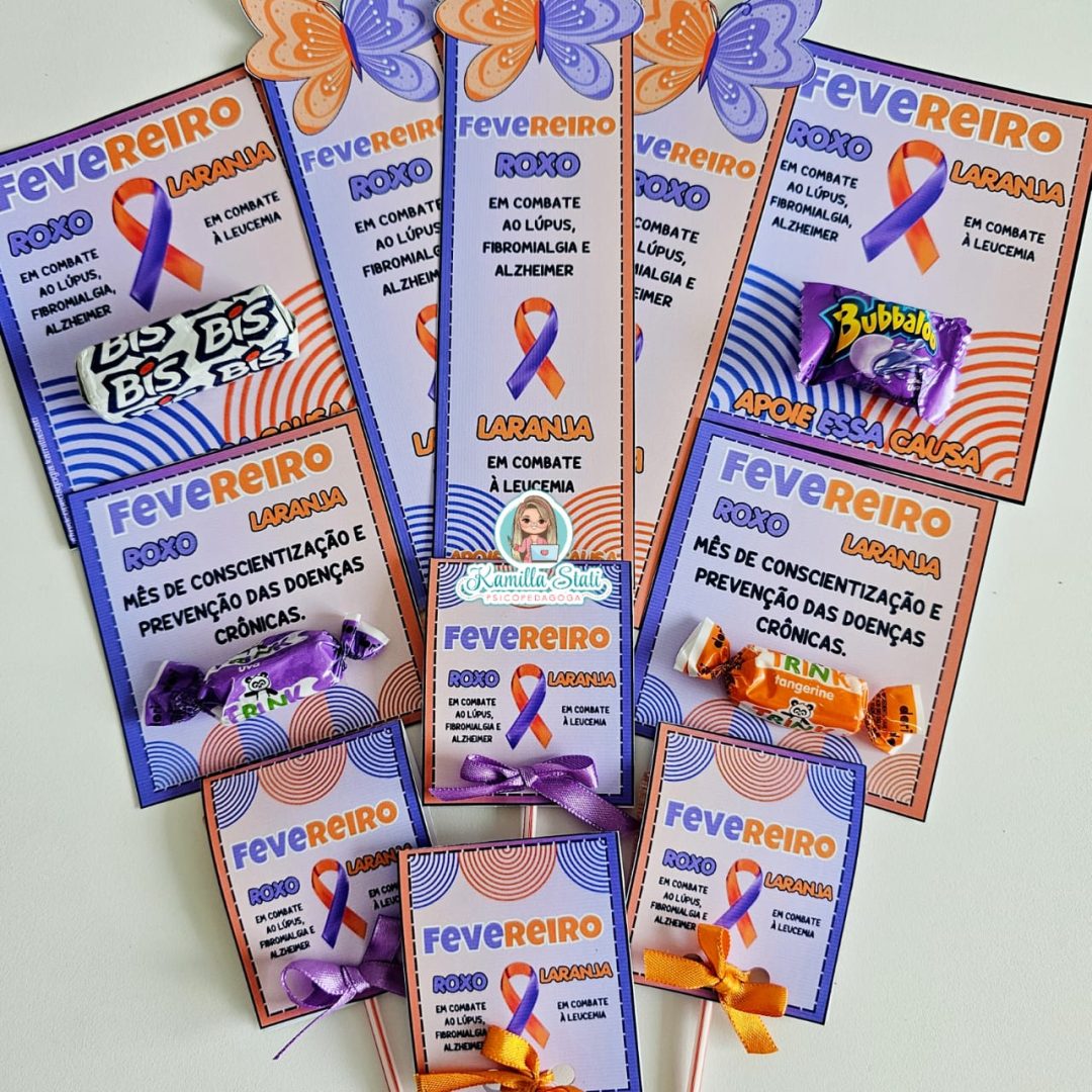 Lembrancinhas fevereiro roxo e laranja